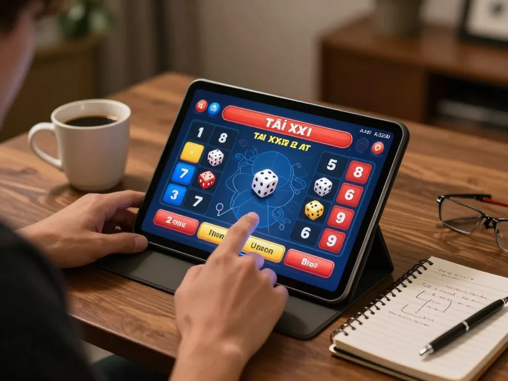 Tài xỉu online gameplay on tablet in a warm home setting with strategic notes, emphasizing responsible gaming.