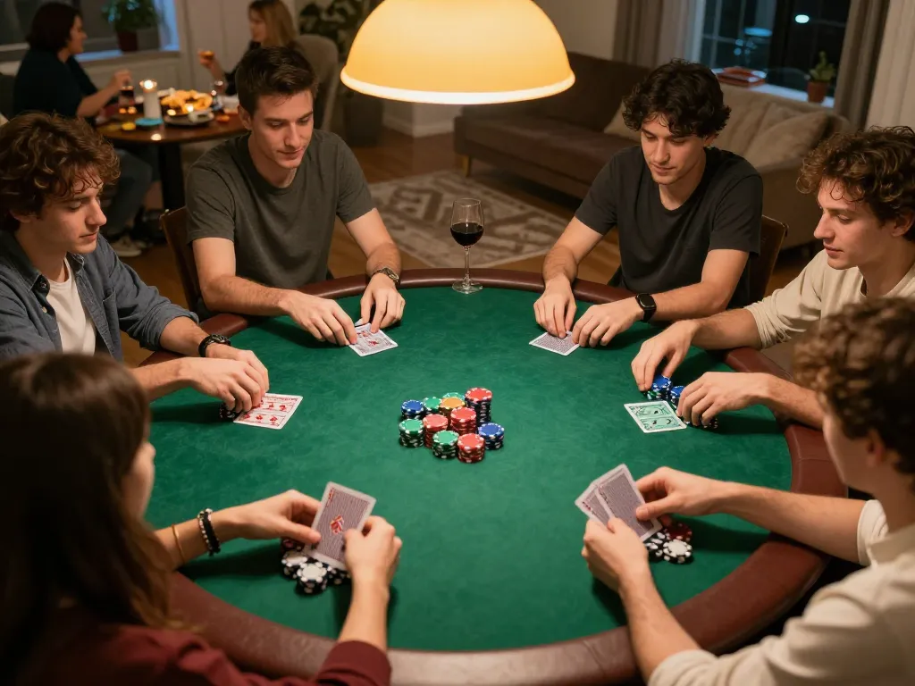 Players enjoying a thrilling poker game at home, featuring the brand Au88 and colorful chips creating an inviting gaming atmosphere.