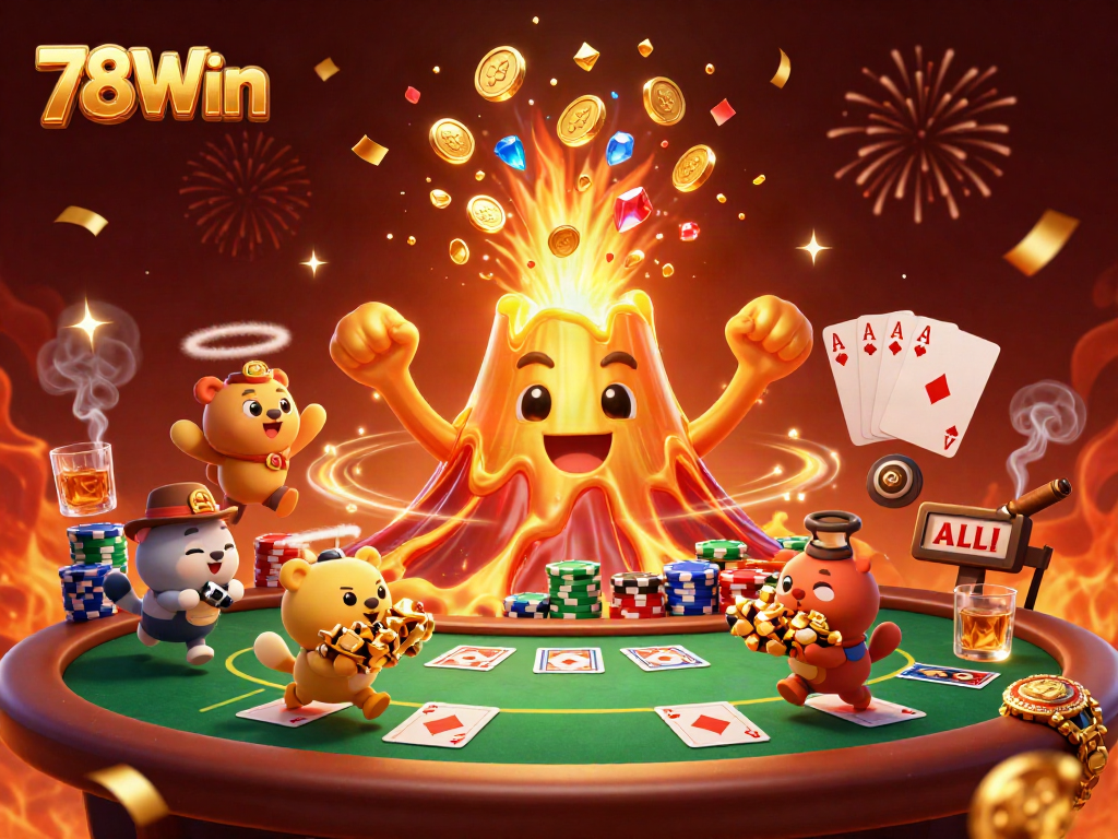 Experience the thrill of 78Win with triumphant golden volcano erupting coins, celebrating casino action.