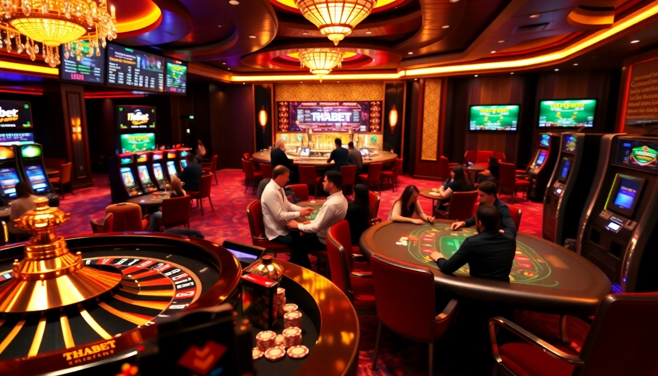 Players enjoying games at THABET Casino, featuring roulette and poker, showcasing excitement.