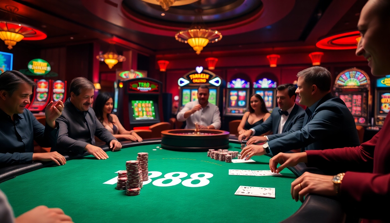 Engage in thrilling moments at the TR88 poker table surrounded by vibrant casino elements.