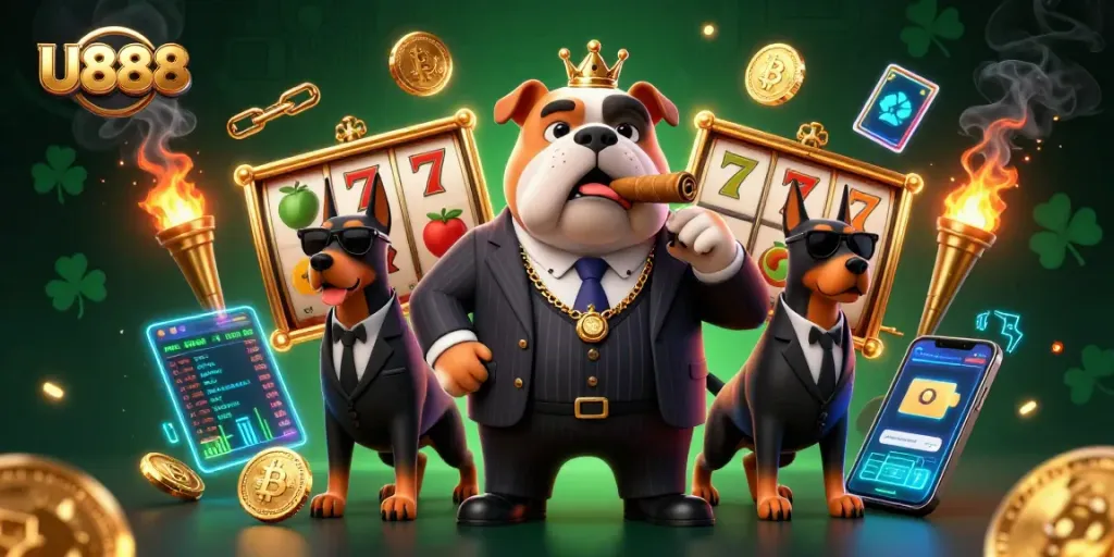 Engage with U888's thrilling slots and crypto elements featuring a mafia bulldog and Doberman bodyguards.