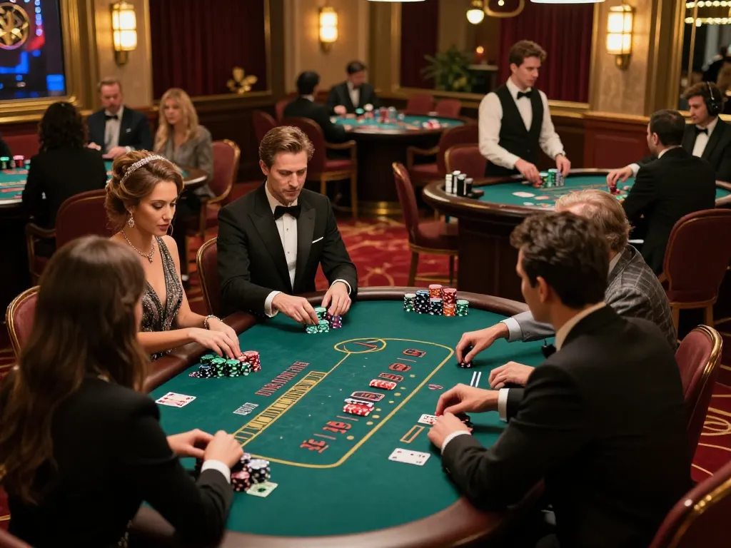 Players engage with their hands at gk88 blackjack table in a vibrant casino scene