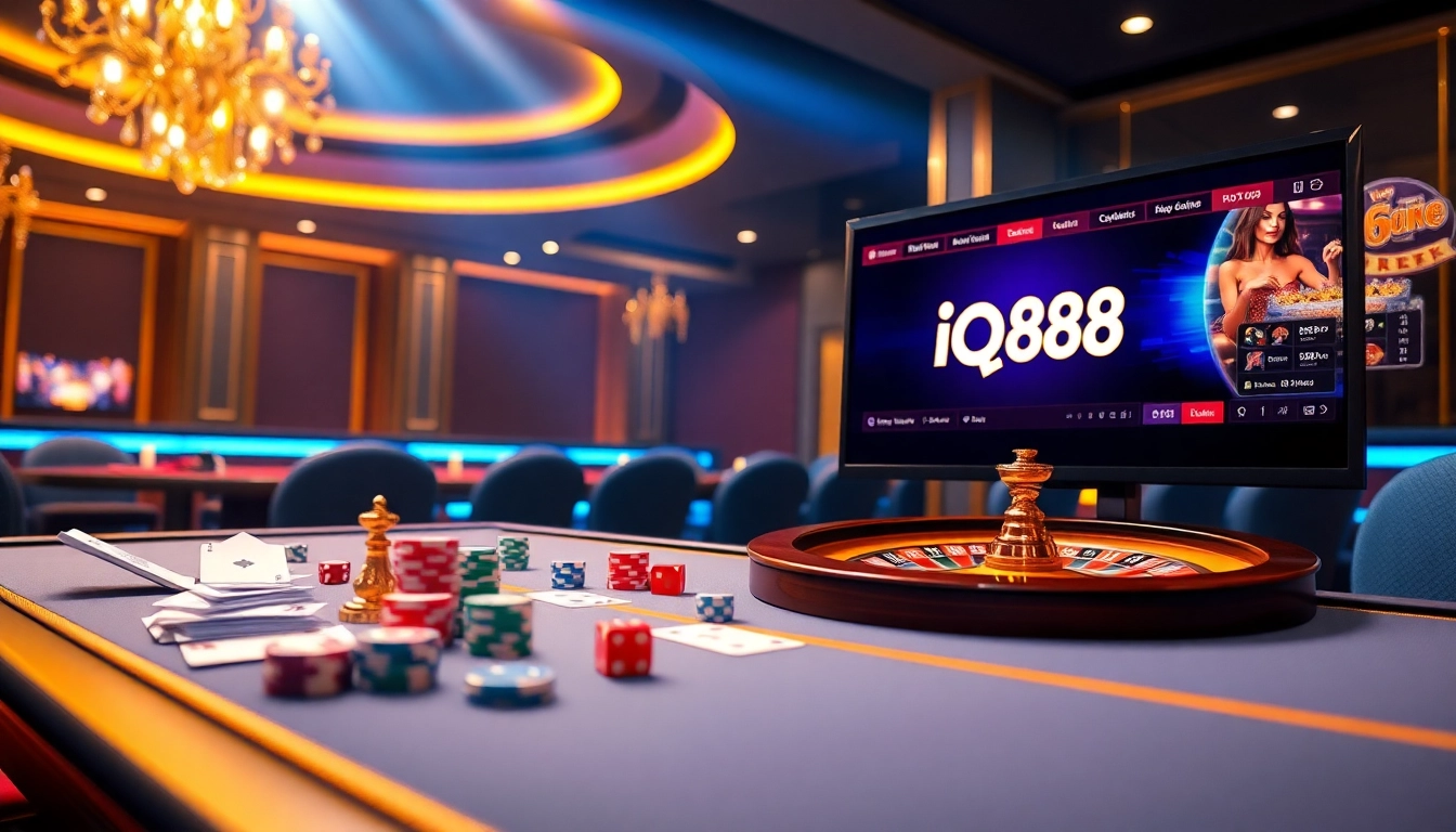 iq88 exciting casino experience with cards, chips, and roulette wheel in a luxurious setting