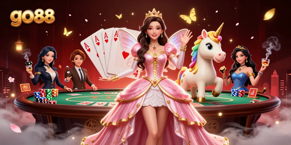 Experience the thrilling games at go 88 with vibrant characters and casino elements in a stunning illustration.