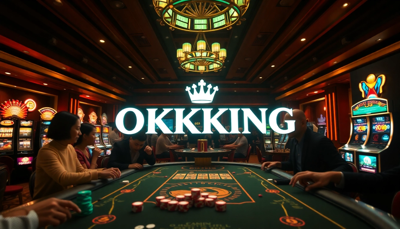 OKKING engages players at a luxurious casino table with vibrant poker chips and dazzling slot machines.