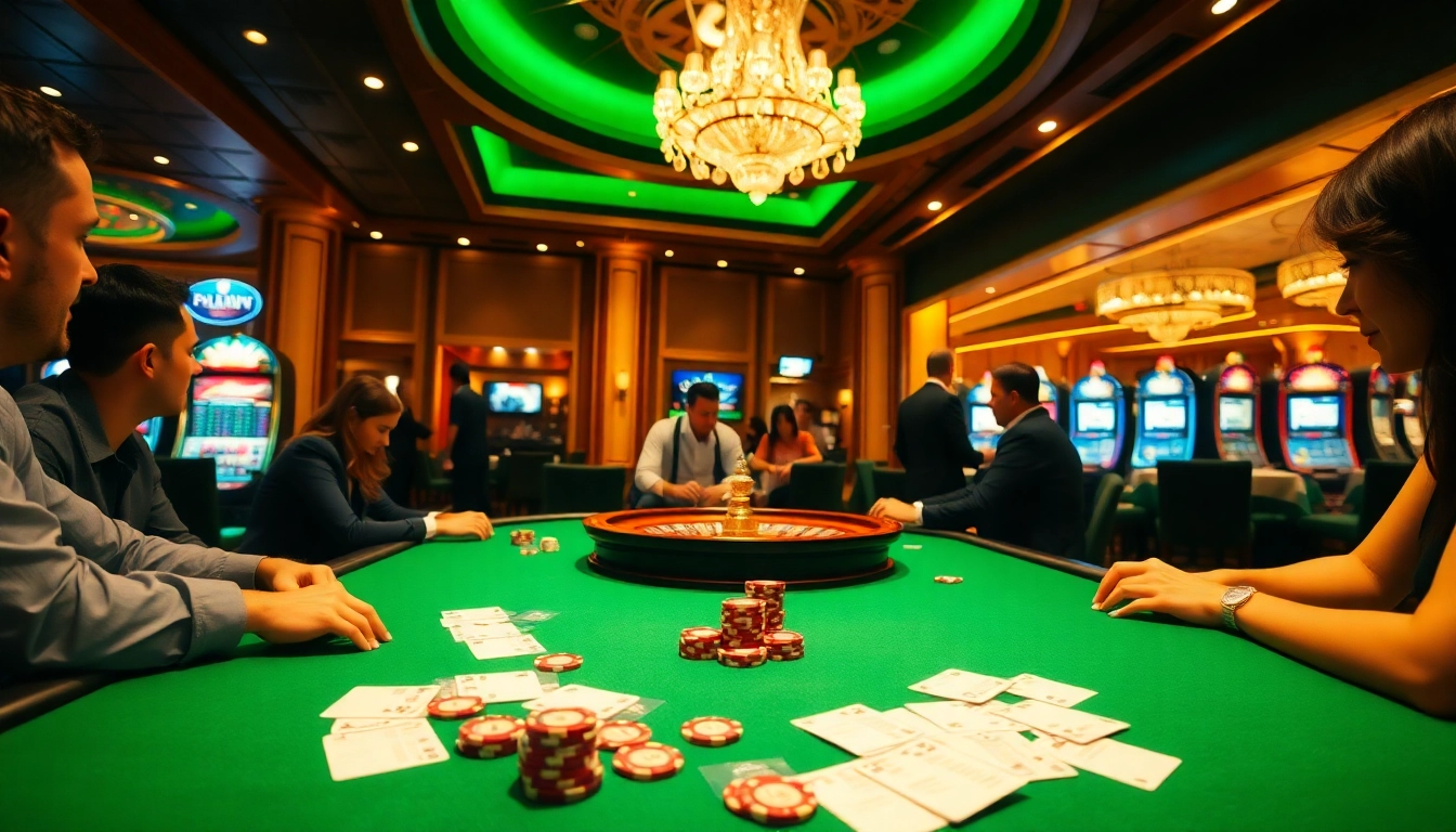 Players enjoying a thrilling game at hit club poker table, surrounded by luxurious casino ambiance.