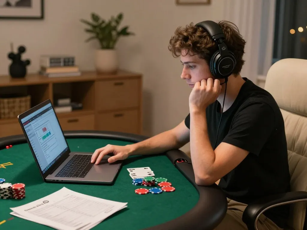 cm88 user engaging in online poker game strategy with cozy home setup for responsible gambling