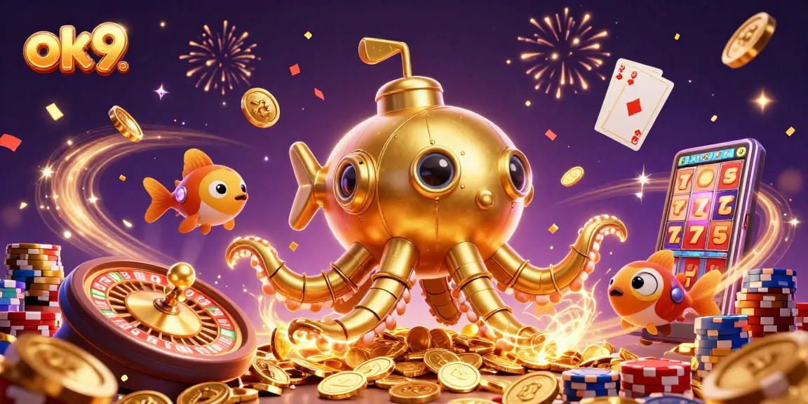 Experience thrilling games at ok9 with stunning animations of golden kraken and casino elements.