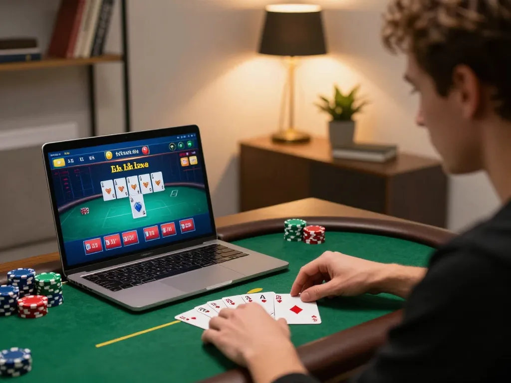 Player engaging in exciting lc88 live poker session on laptop, showcasing strategic gameplay and comfortable home setting