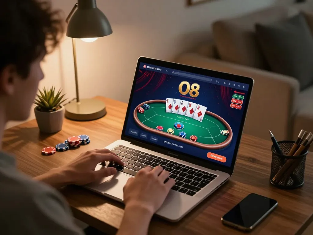Player enjoying O8's poker game on a laptop, showcasing an engaging online gaming experience.