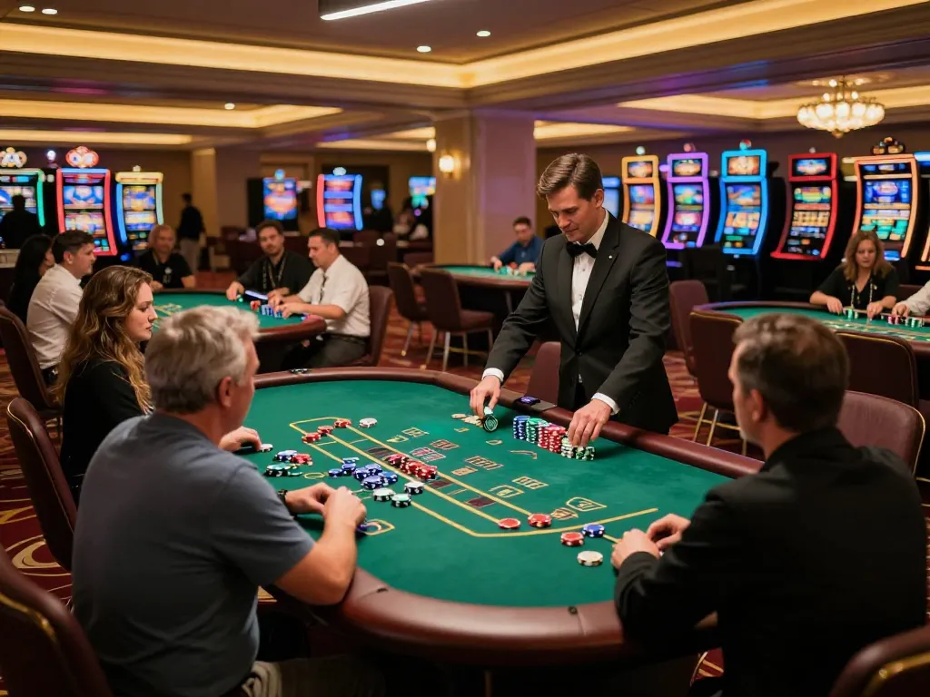 gbong players strategizing at a blackjack table in a vibrant casino, creating an exciting gambling atmosphere