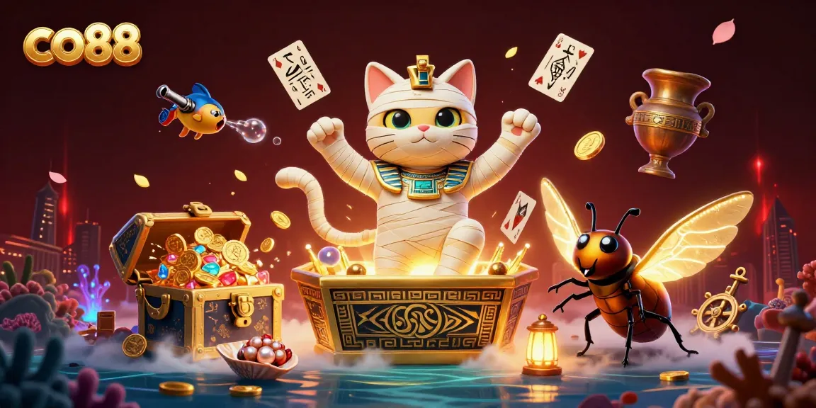 Experience the excitement at co88 with a vibrant 3D illustration of a mummy cat and mystical casino elements.