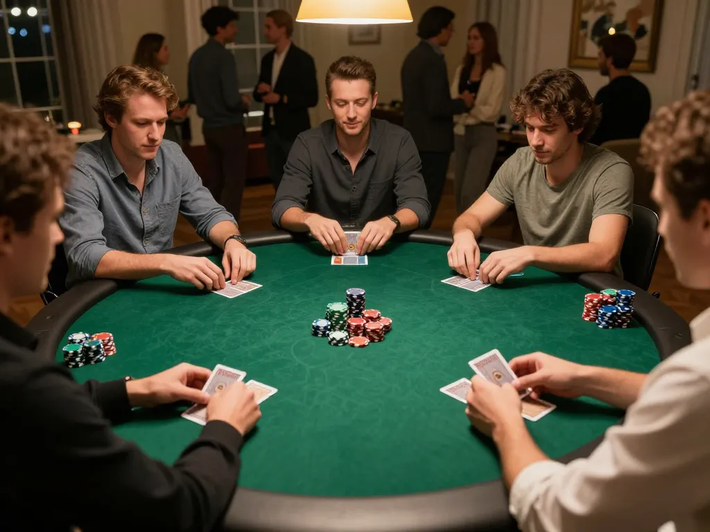 Players engaging in a strategic poker game at home, showcasing ABC999 excitement and friendly competition.