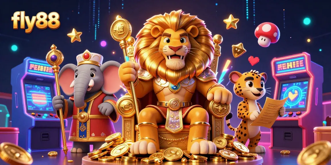 Experience thrilling gameplay at fly88 with animated lions and vibrant casino features aesthetically designed.