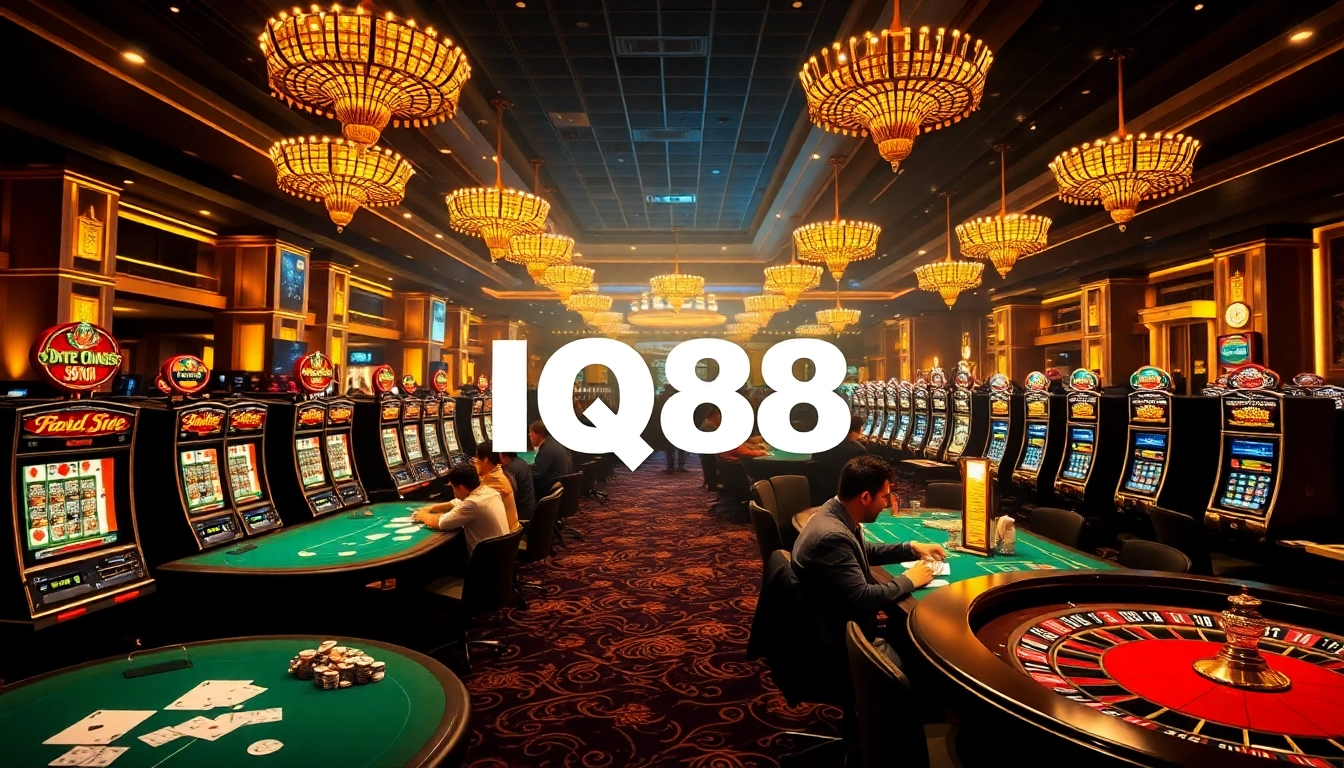 Players enjoying games at IQ88 casino with poker tables and vibrant slot machines.