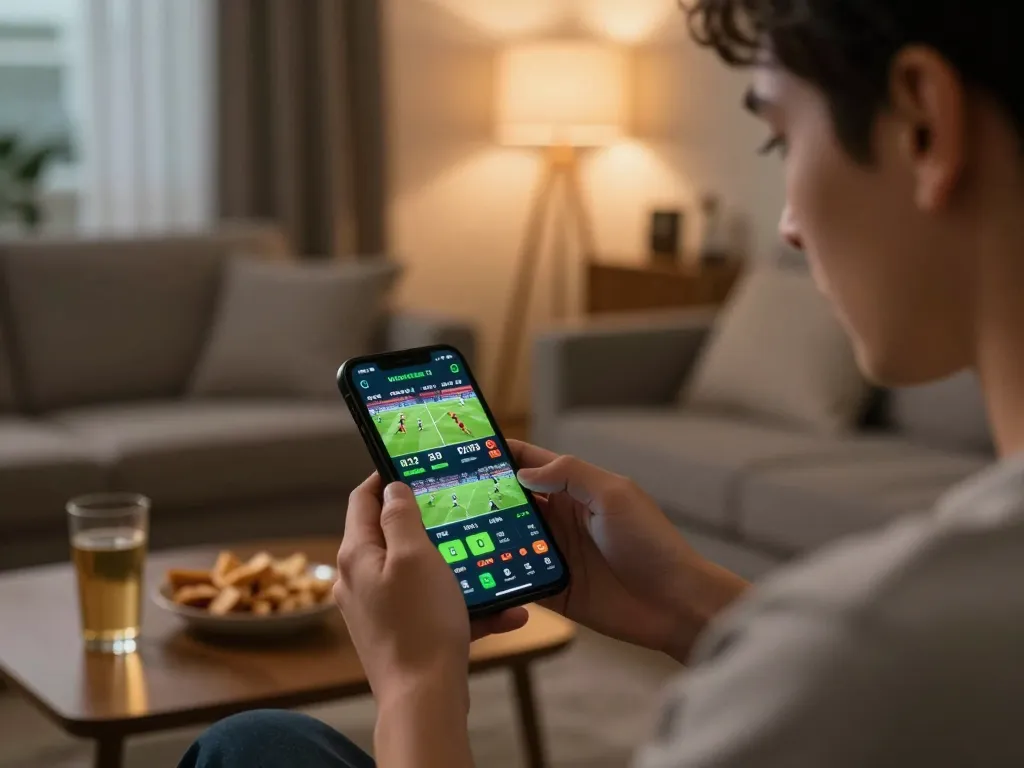 Engaged user placing bets on 7M sports betting app in a cozy living room setting.
