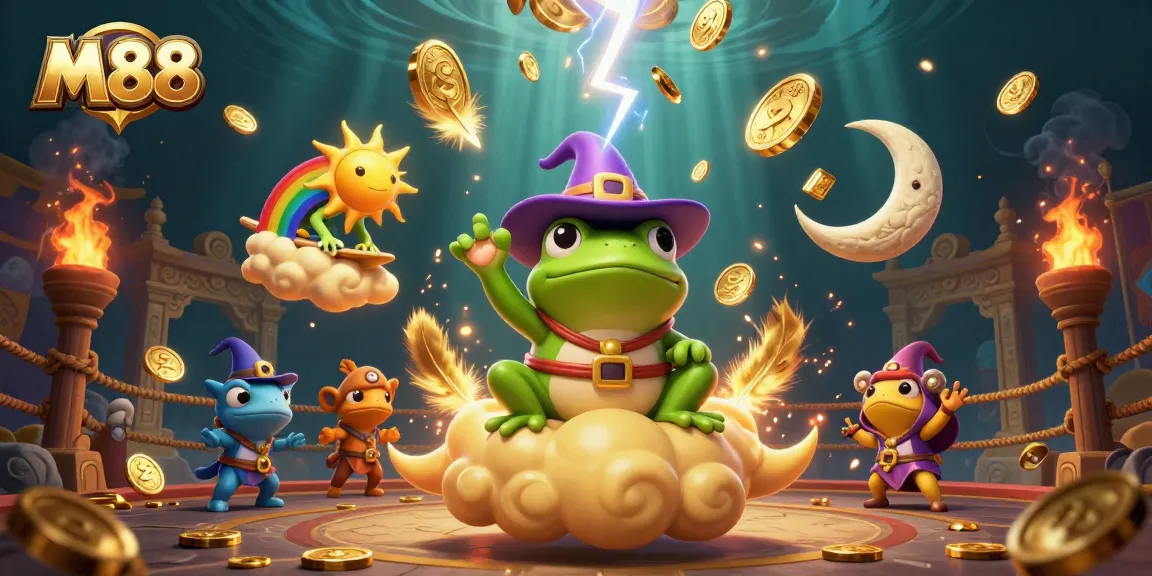 Bet on M88 and win golden coins amidst a dynamic storm created by a wizard frog and chameleon.