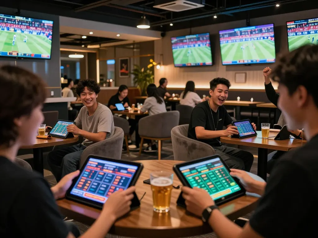 FLY88 players engaging with sports betting screens in a lively lounge atmosphere