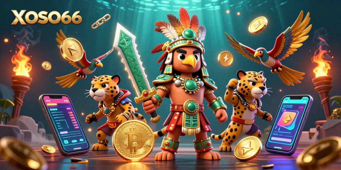 XOSO66 showcases an energetic casino scene with Aztec warriors and crypto elements, embodying thrilling gaming.