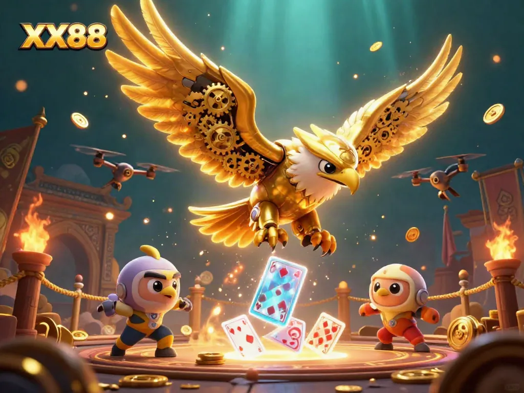 Engage with thrilling XX88 gaming action, showcasing a cybernetic eagle amidst dynamic casino elements.