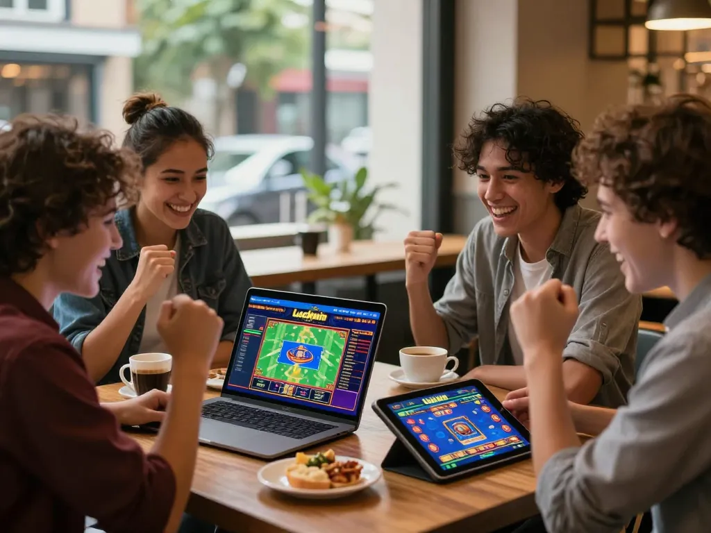 Luckywin gaming experience with friends at a cozy cafe, celebrating online gambling.