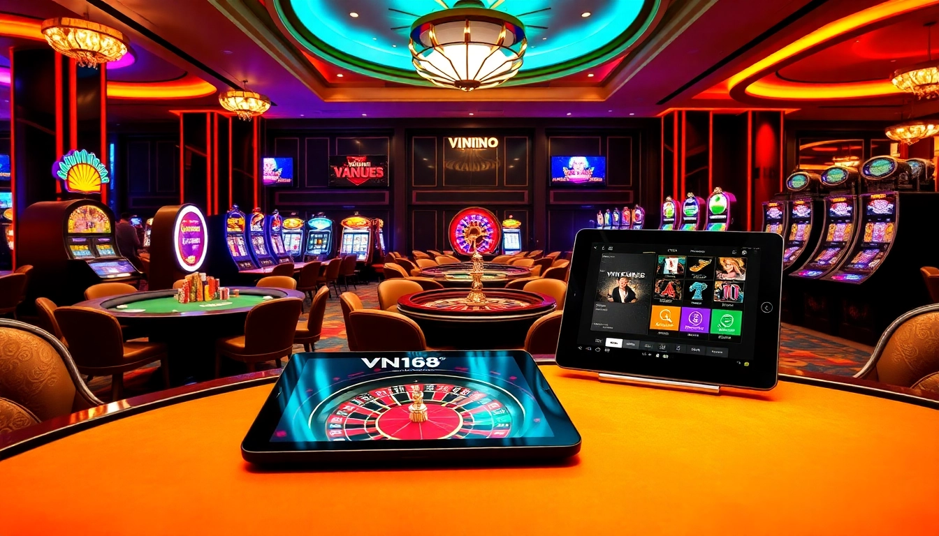 Engaging scene of casino excitement with VN168 branding, featuring poker and roulette.