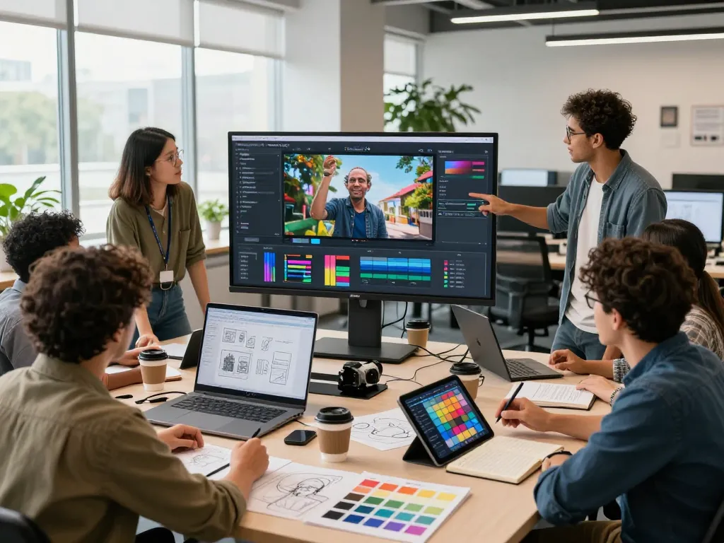 Content creators collaborating with Seedance 2.0 video production tools in a modern workspace.