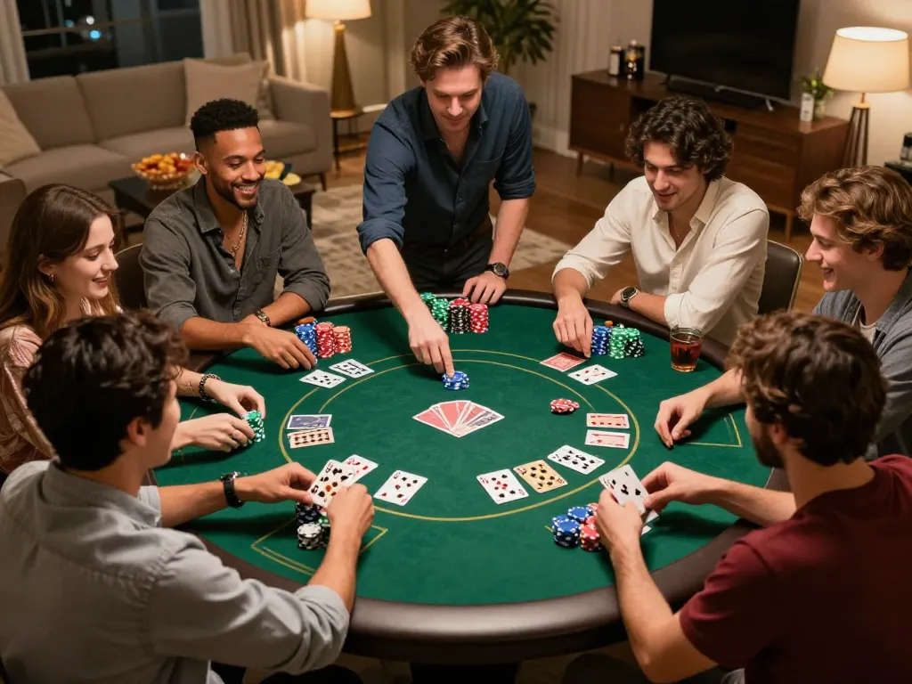 BL555 players enjoying a friendly poker game with colorful chips and cards in a cozy setting.