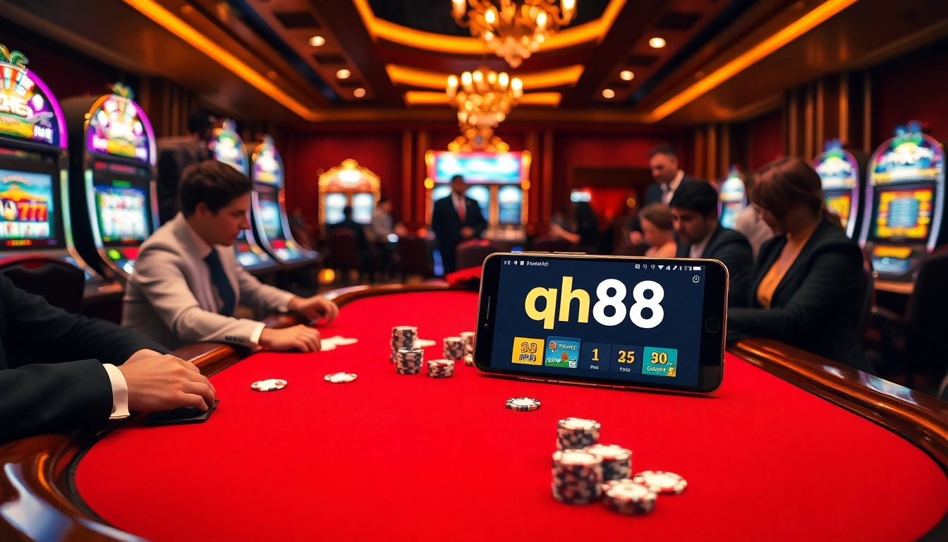 Players bet at a qh88 poker table, showcasing excitement and luxury in a vibrant casino atmosphere.