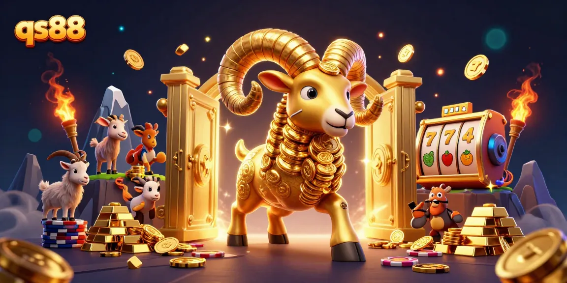 Join the excitement at qs88's casino with a golden ram charging through lavish gaming symbols.