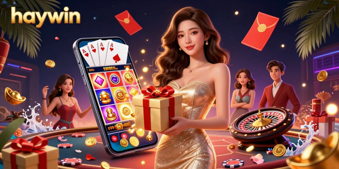 Experience the excitement of Haywin with a radiant Asian model presenting lucky gifts in a vibrant casino scene.