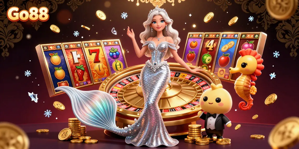 Spin the reels at Go88 in a vibrant casino scene featuring a mermaid and seahorse.