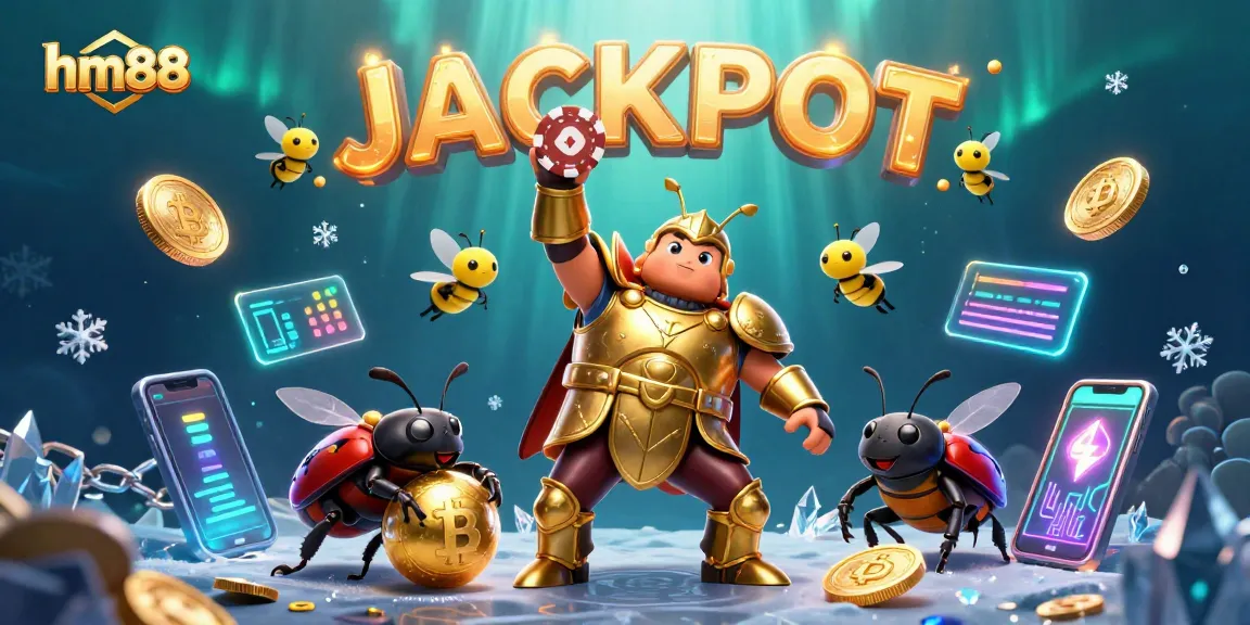 Engage with hm88's vibrant 3D casino scene showcasing a heroic beetle in golden armor winning with crypto elements.