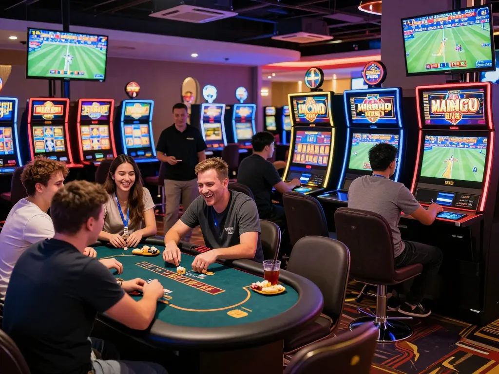 Luck8 casino experience with diverse games, vibrant atmosphere, and engaged players.