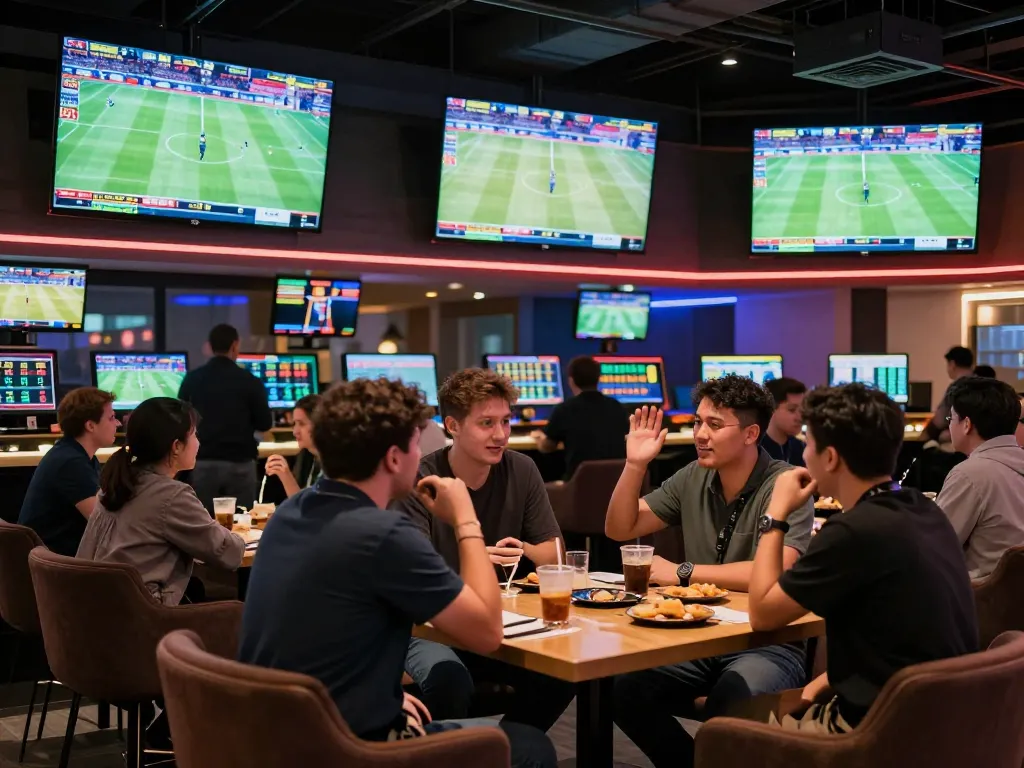 Excited bettors engaging in sports betting at cm88 lounge with live games on screens.