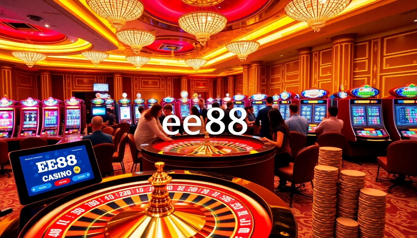 Exciting gaming action at ee88 casino with vibrant roulette and glowing slot machines