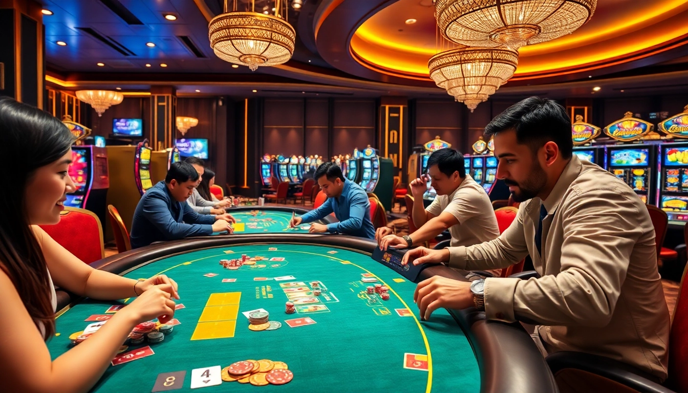 NK88 casino gaming scene showcasing players at tables, vibrant slot machines, and high-tech interfaces