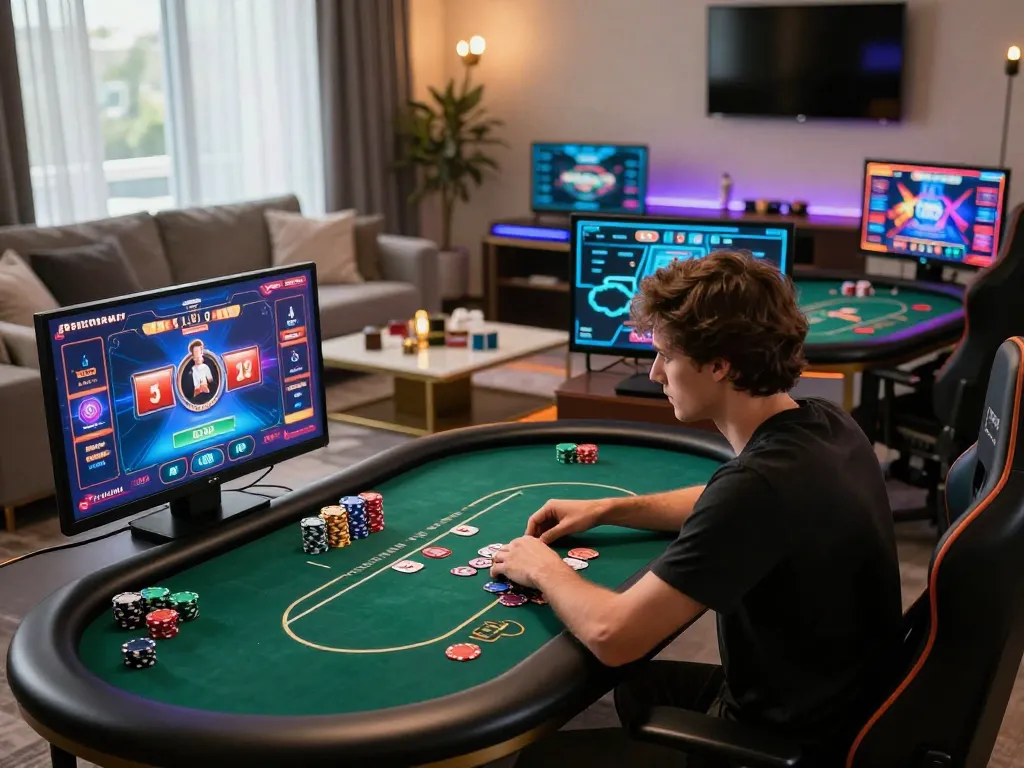 Intense poker gameplay on fabet1 online casino site, showcasing vibrant graphics and focused player interaction.