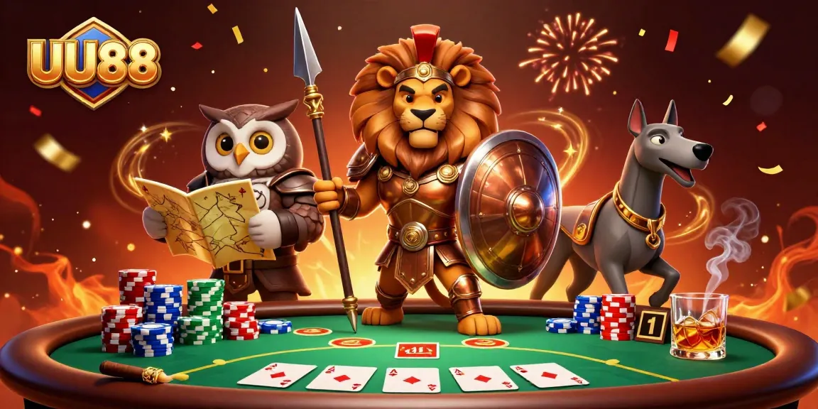 Engage with UU88's vibrant casino action featuring a Spartan lion and layers of poker elements.