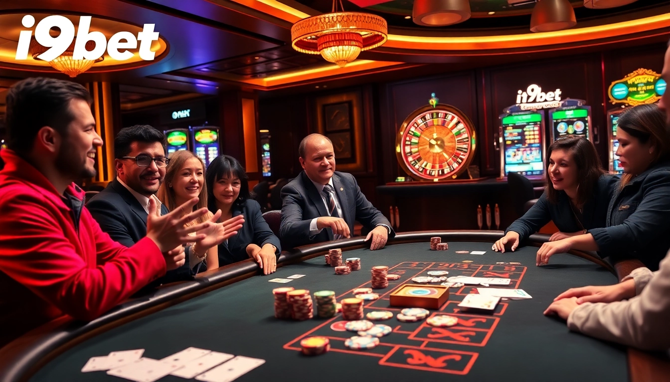 Players enjoying a high-stakes poker game at i9bet casino, showcasing vibrant excitement and professional play.