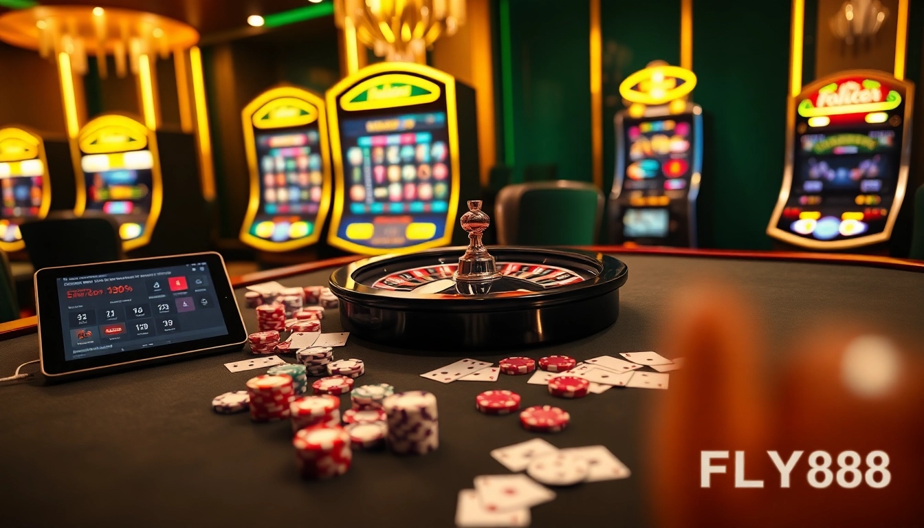 Exciting casino scene showcasing FLY88 poker table with chips and cards, conveying luxury.