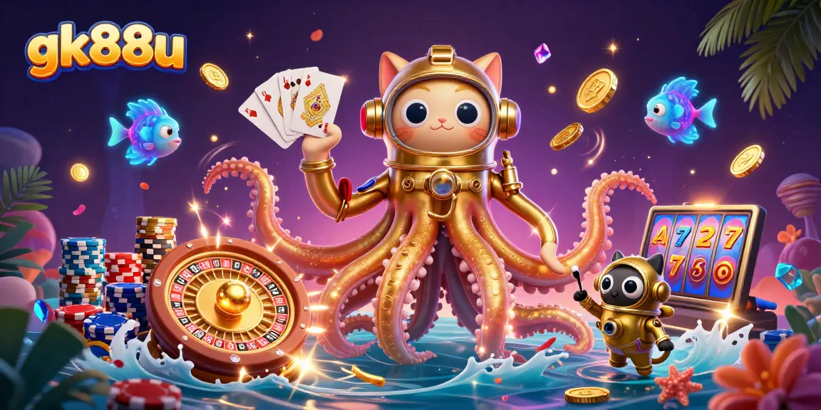 Experience thrilling gameplay at gk88u with a magnificent kraken and a diving cat surrounded by casino treasures.