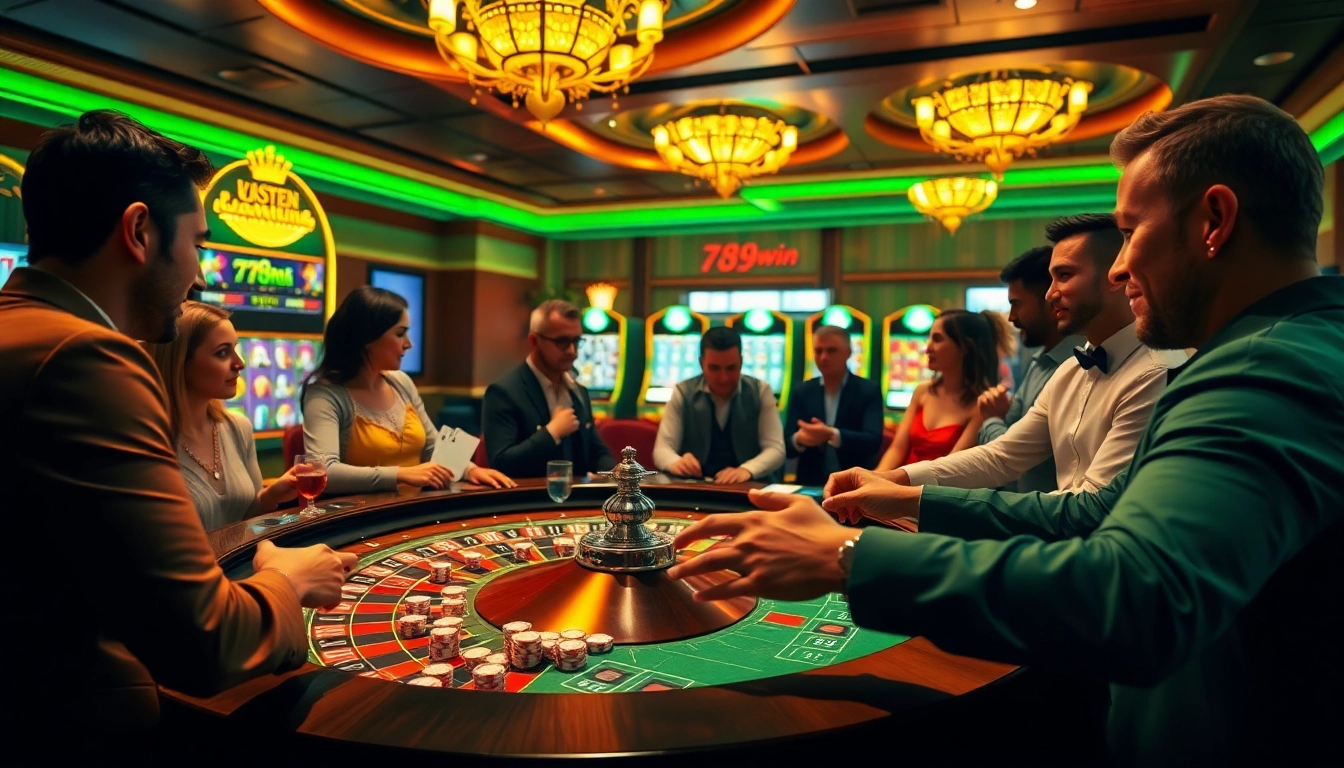 Players enjoying a high-stakes roulette game at a luxurious casino referencing 789win.