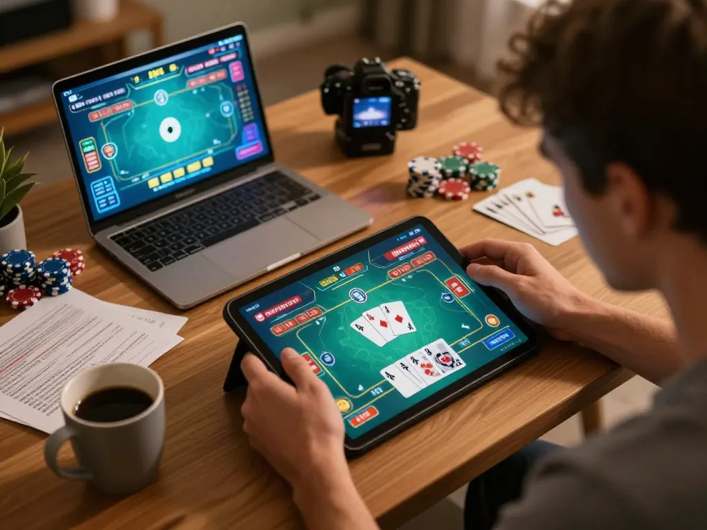 Player enjoys engaging online poker experience with ga6789 app in cozy home setting, highlighting strategic gameplay.