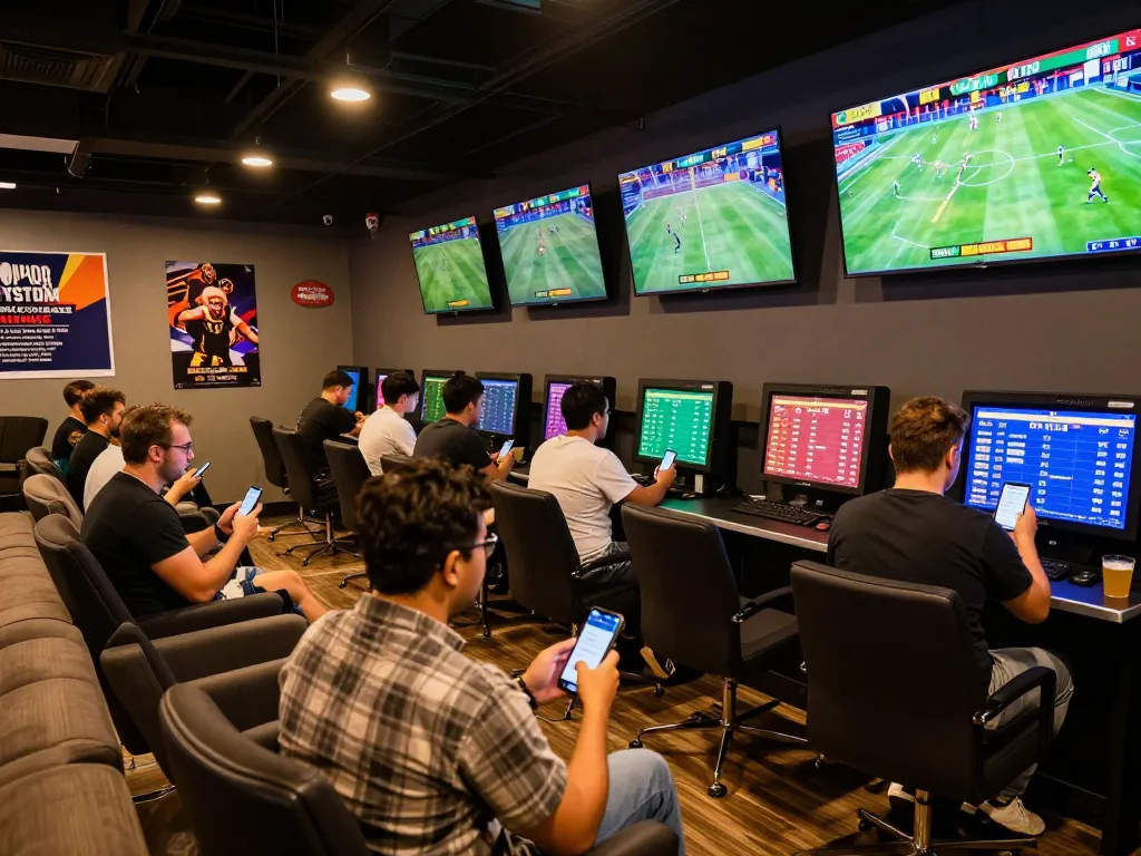 Engaging patrons using the SIN88 app to place sports bets in a lively betting lounge