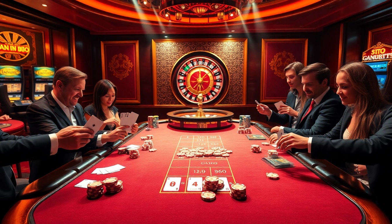 Players enjoying an exciting poker game at NOHU90 casino with vibrant atmosphere.