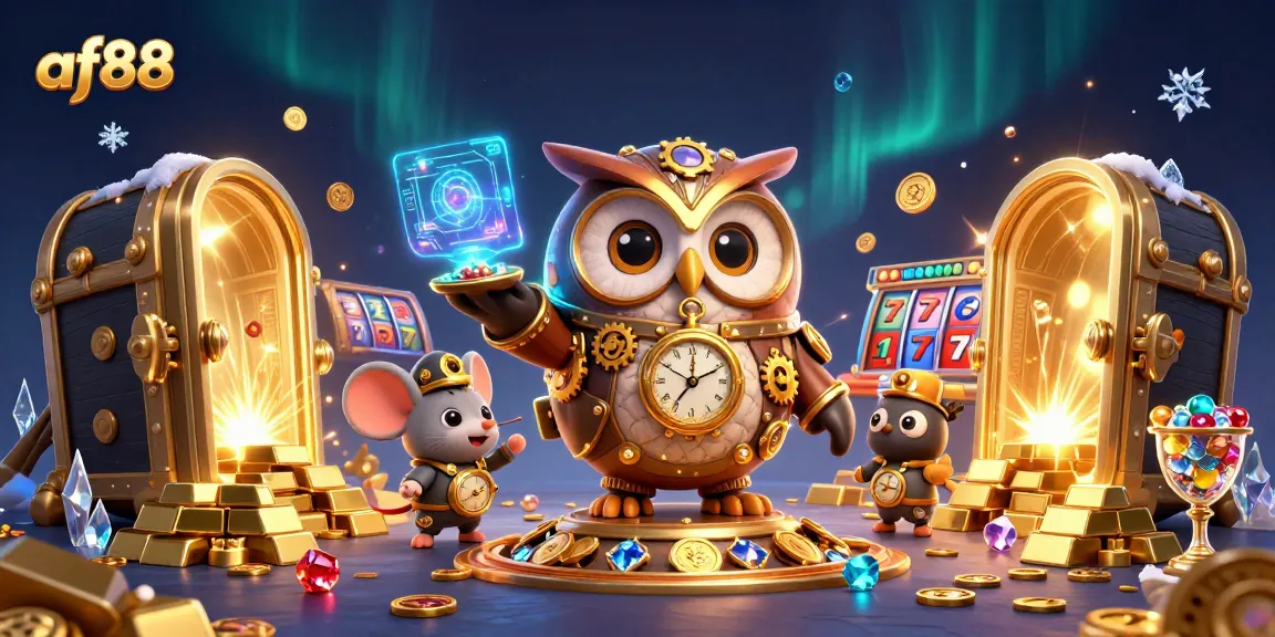 Play exciting casino games at af88 with a vibrant 3D owl and treasure-filled environment.