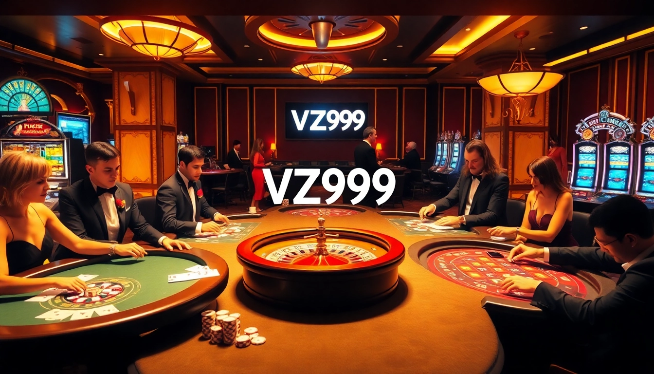 Players enjoying a lively game at VZ99 casino tables with colorful chips and elegant decor.