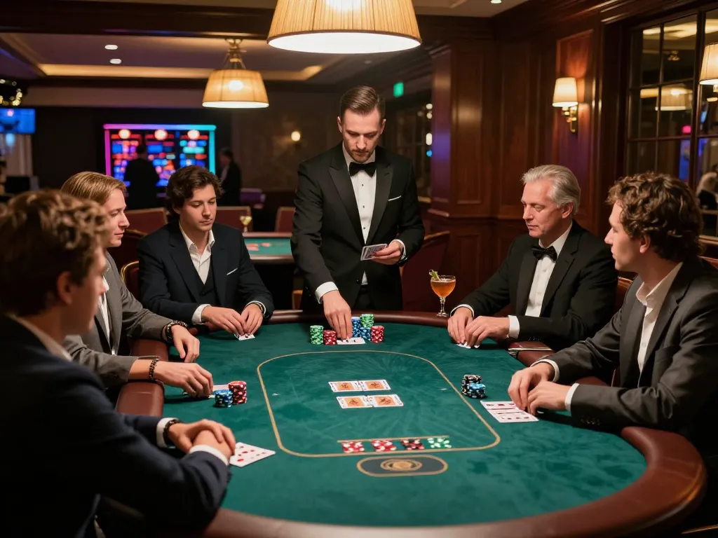 Players engaged in a high-stakes poker game at an upscale casino, featuring xi88 chips and a dealer's focused distribution.